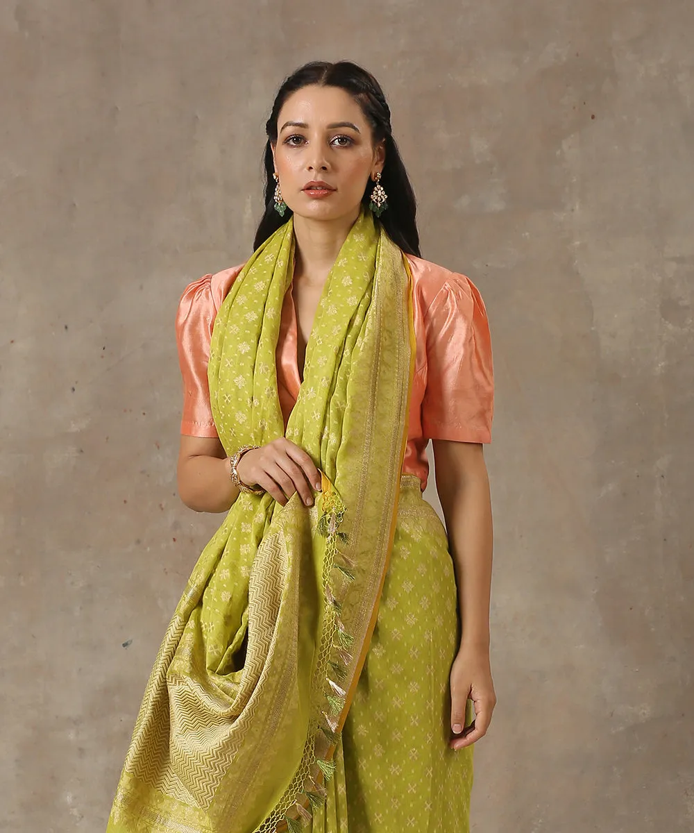 Lime Green Handloom Cotton Ektara Banarasi Saree with Kadhwa Weave