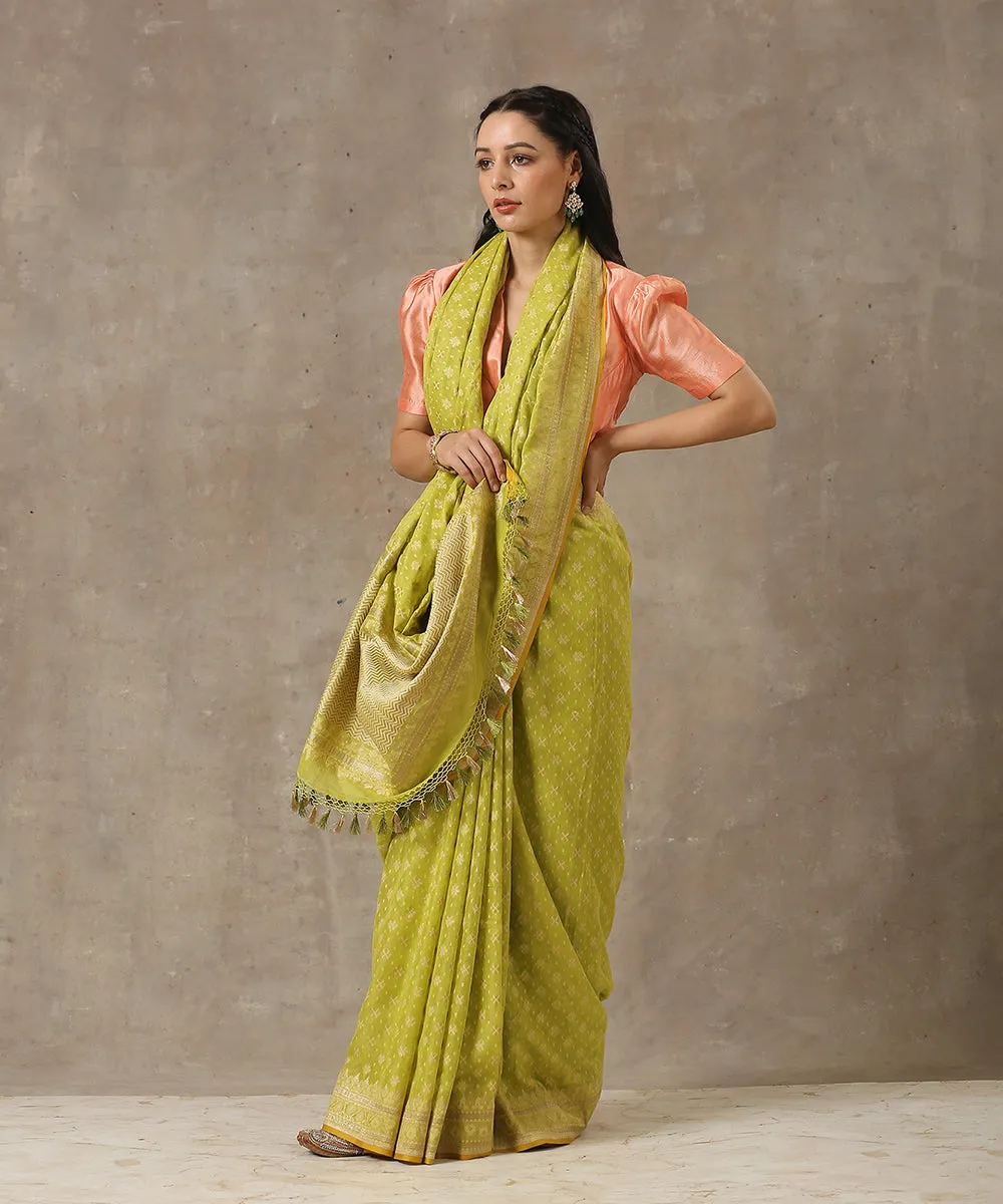 Lime Green Handloom Cotton Ektara Banarasi Saree with Kadhwa Weave