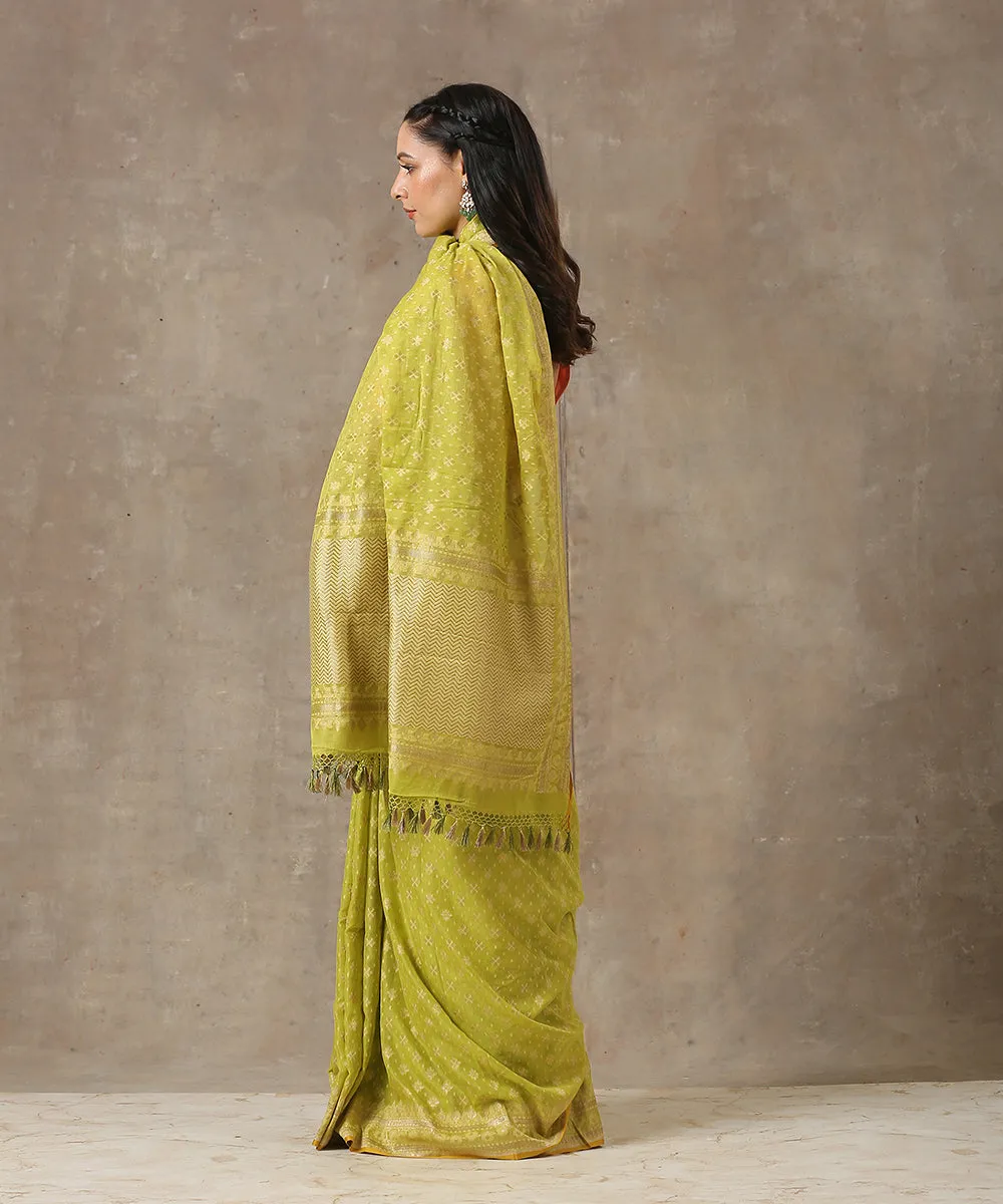 Lime Green Handloom Cotton Ektara Banarasi Saree with Kadhwa Weave