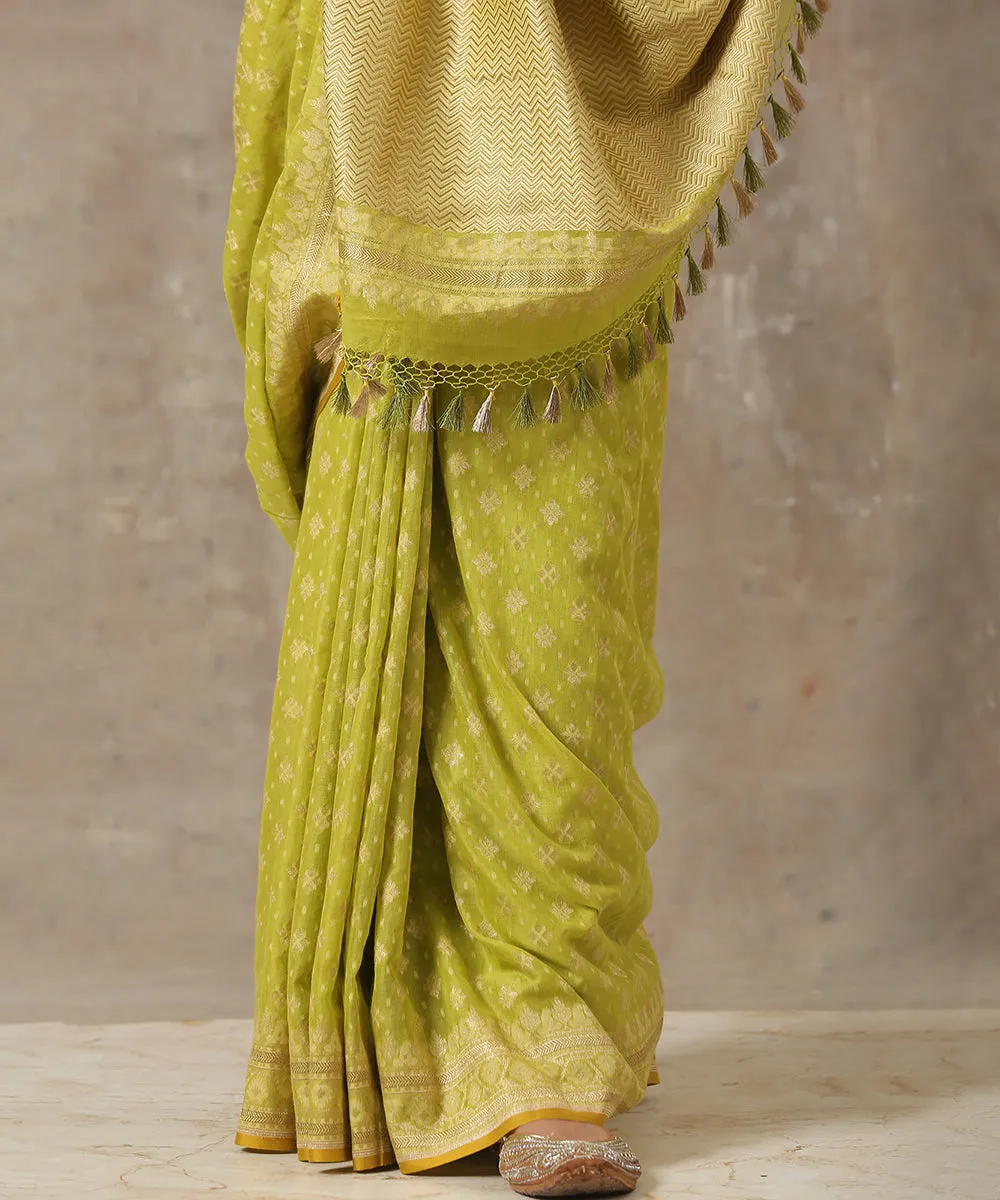 Lime Green Handloom Cotton Ektara Banarasi Saree with Kadhwa Weave