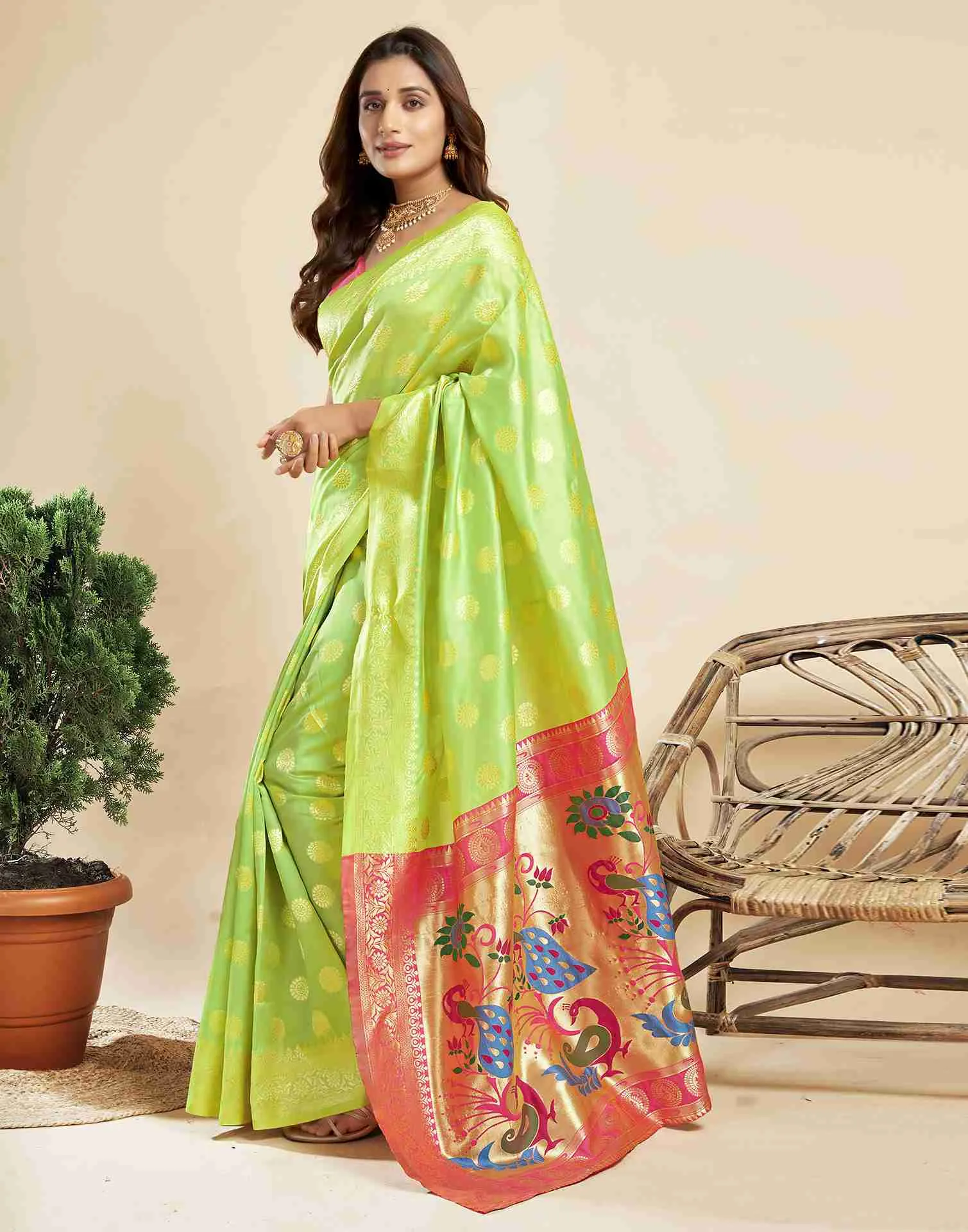 Lime Green Silk Woven Paithani Saree