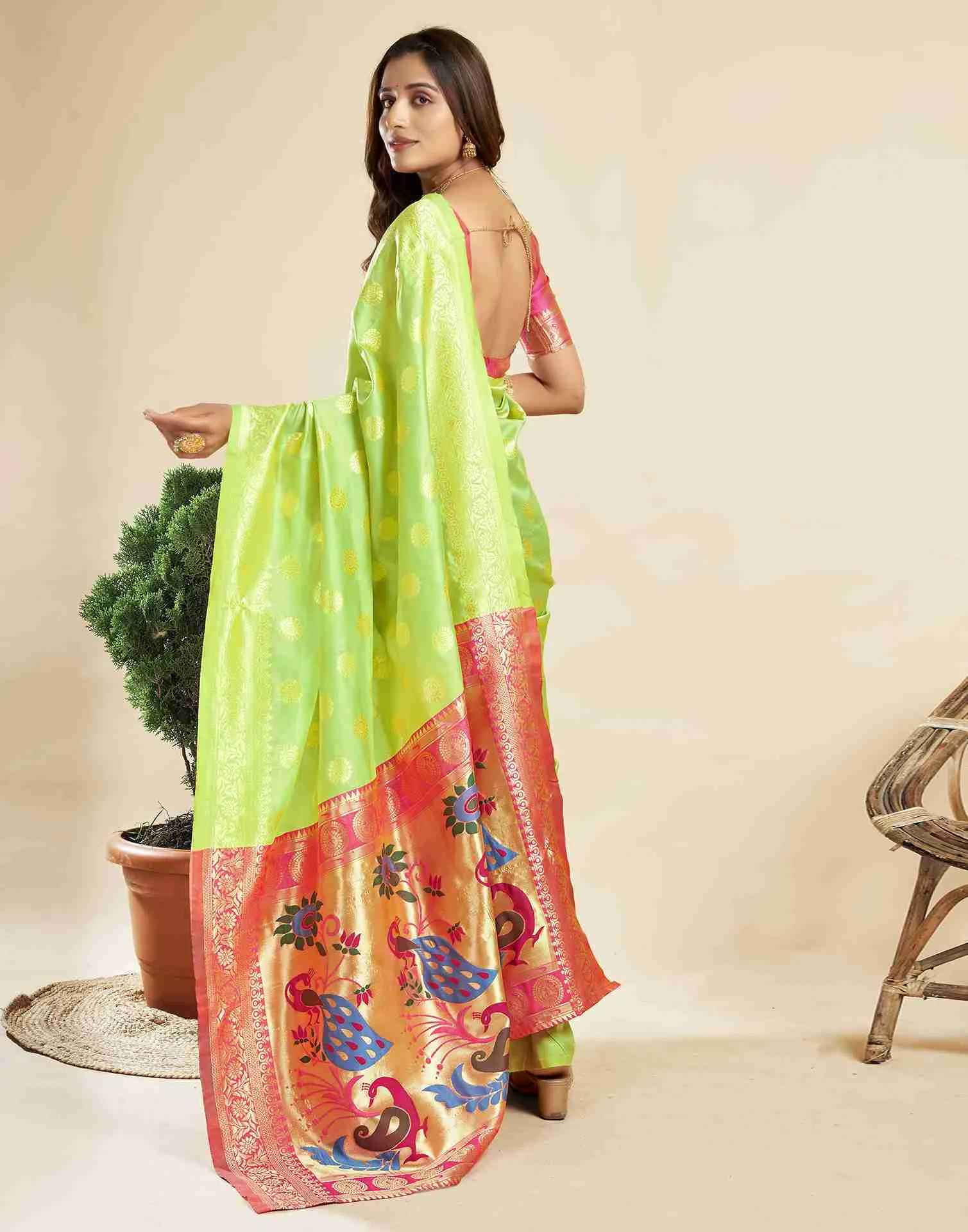 Lime Green Silk Woven Paithani Saree