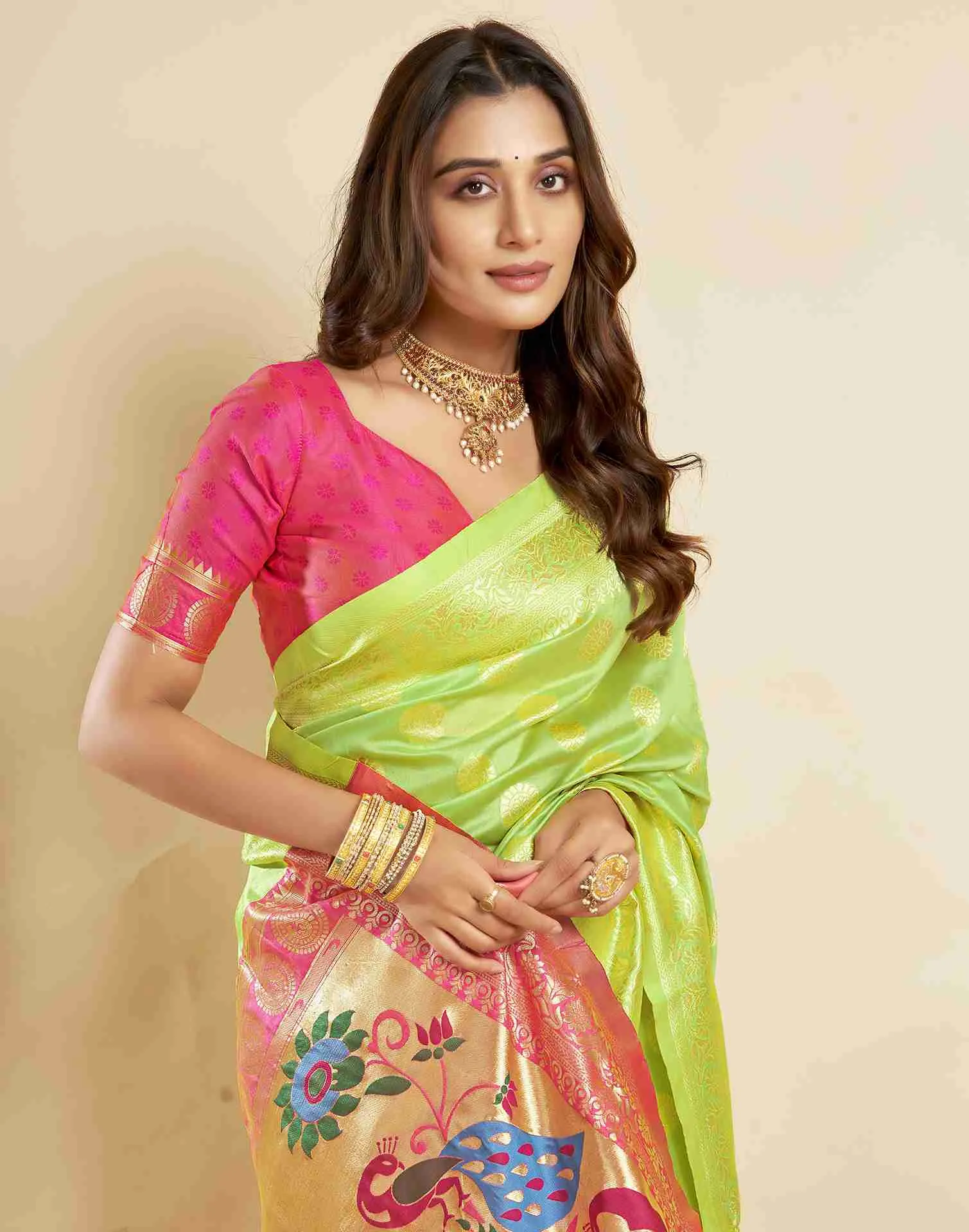 Lime Green Silk Woven Paithani Saree