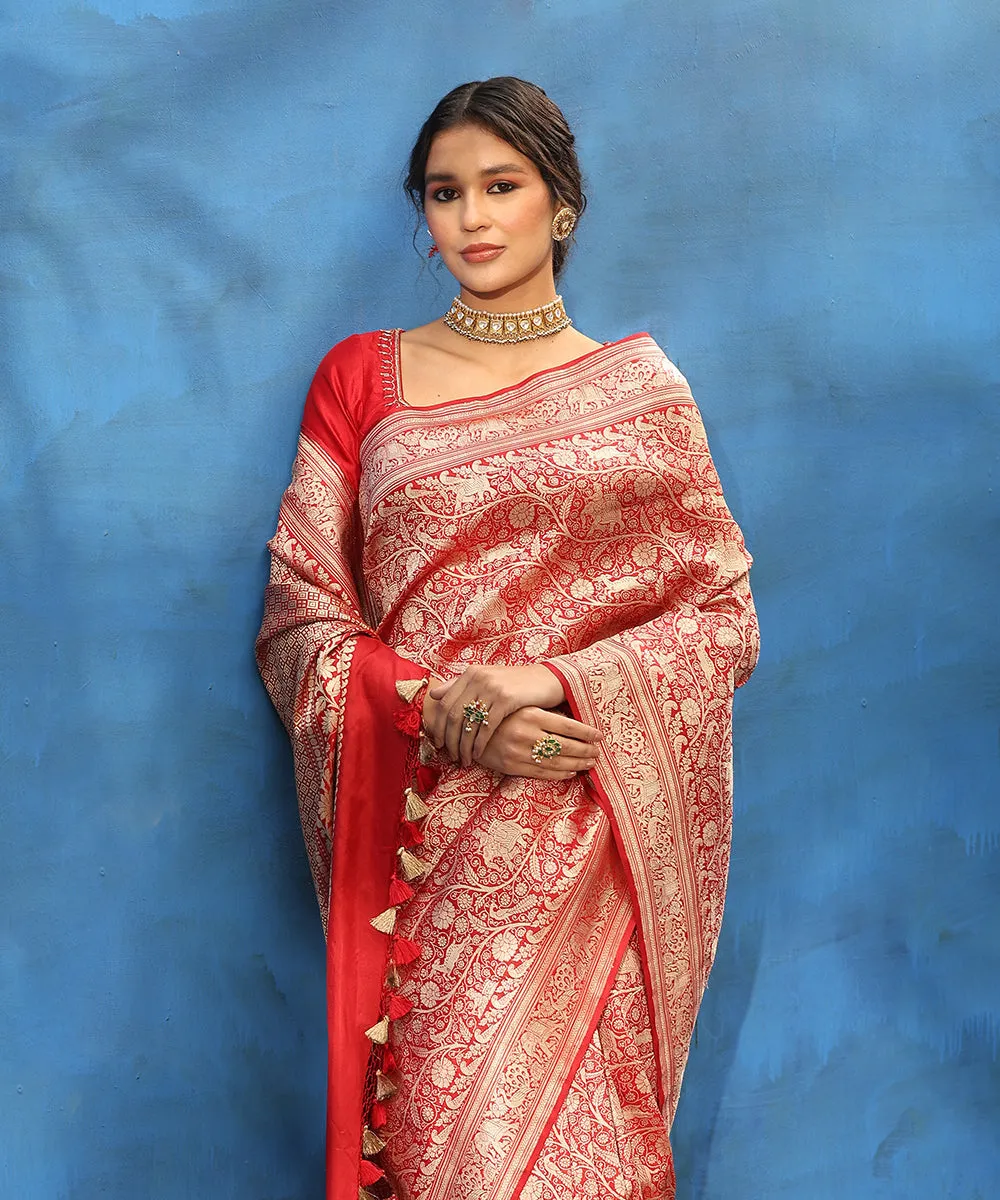 Maroon Handloom Pure Katan Silk Handloom Shikargah Banarasi Saree In Kimkhab Weave