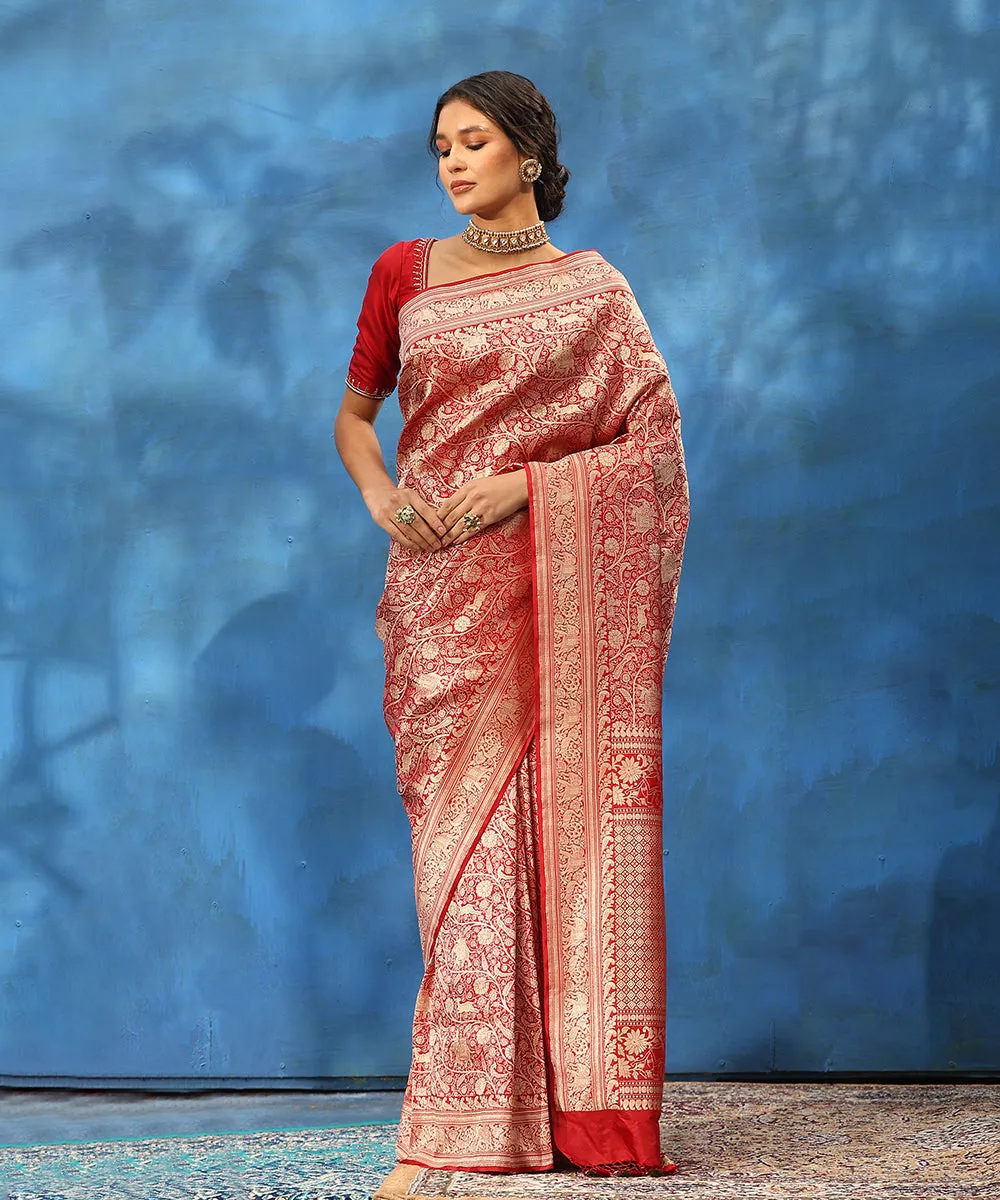 Maroon Handloom Pure Katan Silk Handloom Shikargah Banarasi Saree In Kimkhab Weave