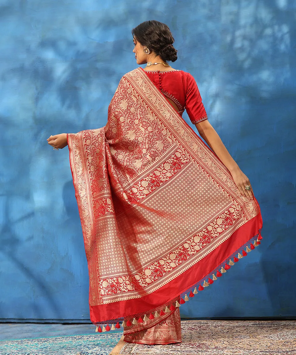 Maroon Handloom Pure Katan Silk Handloom Shikargah Banarasi Saree In Kimkhab Weave