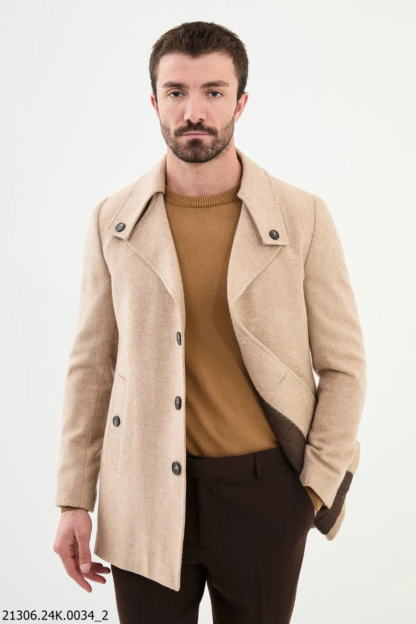 Men's Beige Asymmetrical Button Winter Coat