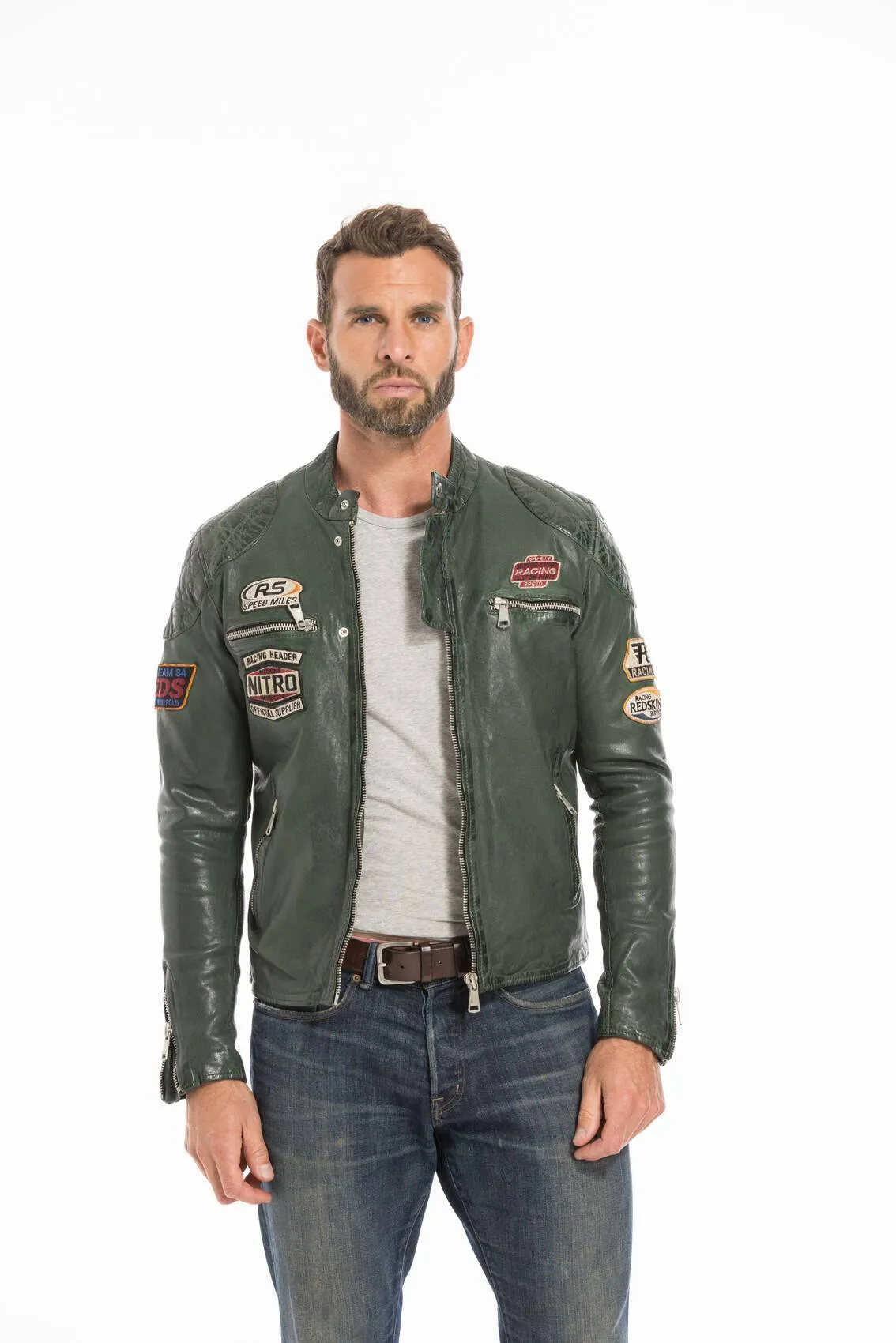 Men's green motorcycle style leather jacket nitro barcelona