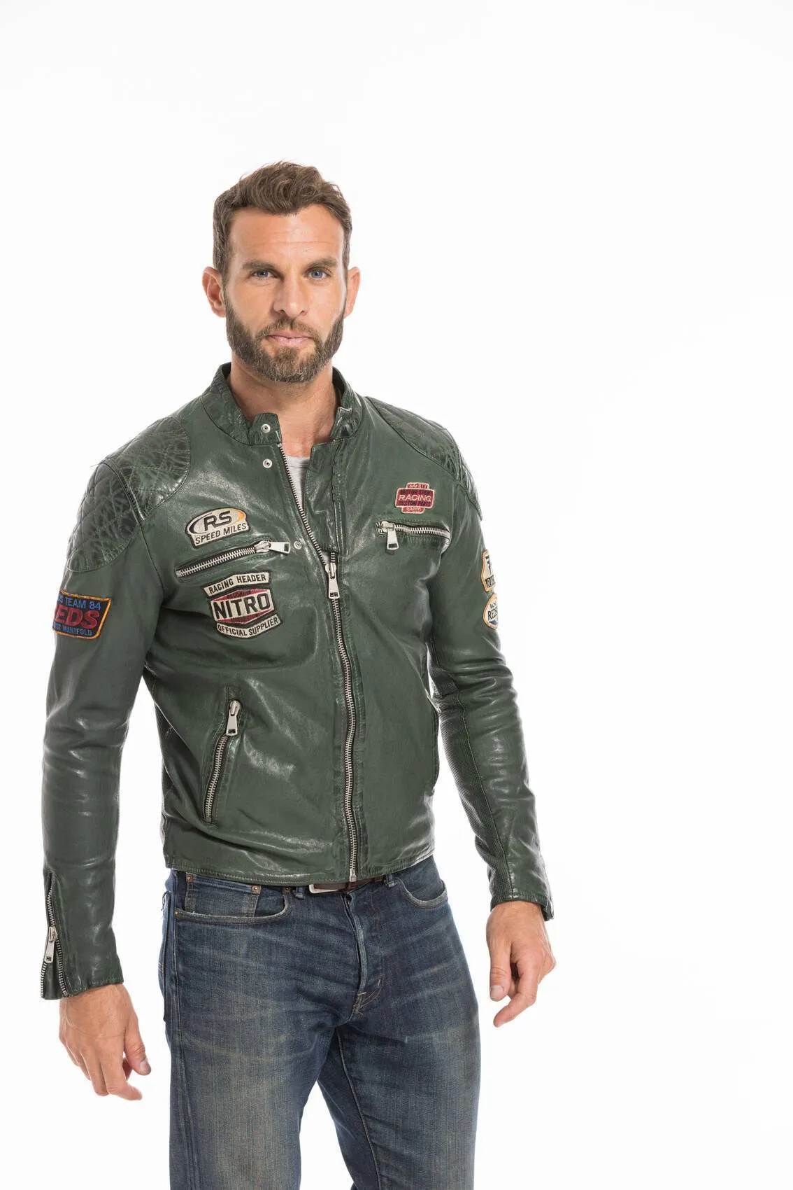 Men's green motorcycle style leather jacket nitro barcelona