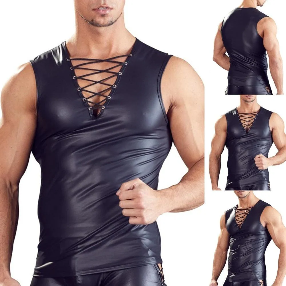 Mens Sexy Faux Leather Tank Top