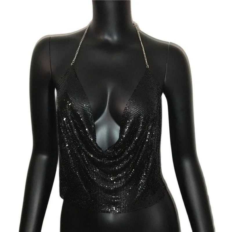 Metal Sequin Tank Top Sexy Deep V-Neck Halter Sparkle Glitter Crop Top