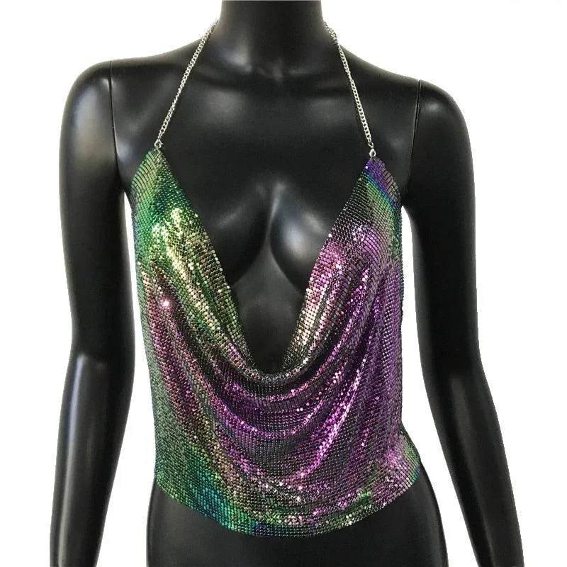 Metal Sequin Tank Top Sexy Deep V-Neck Halter Sparkle Glitter Crop Top