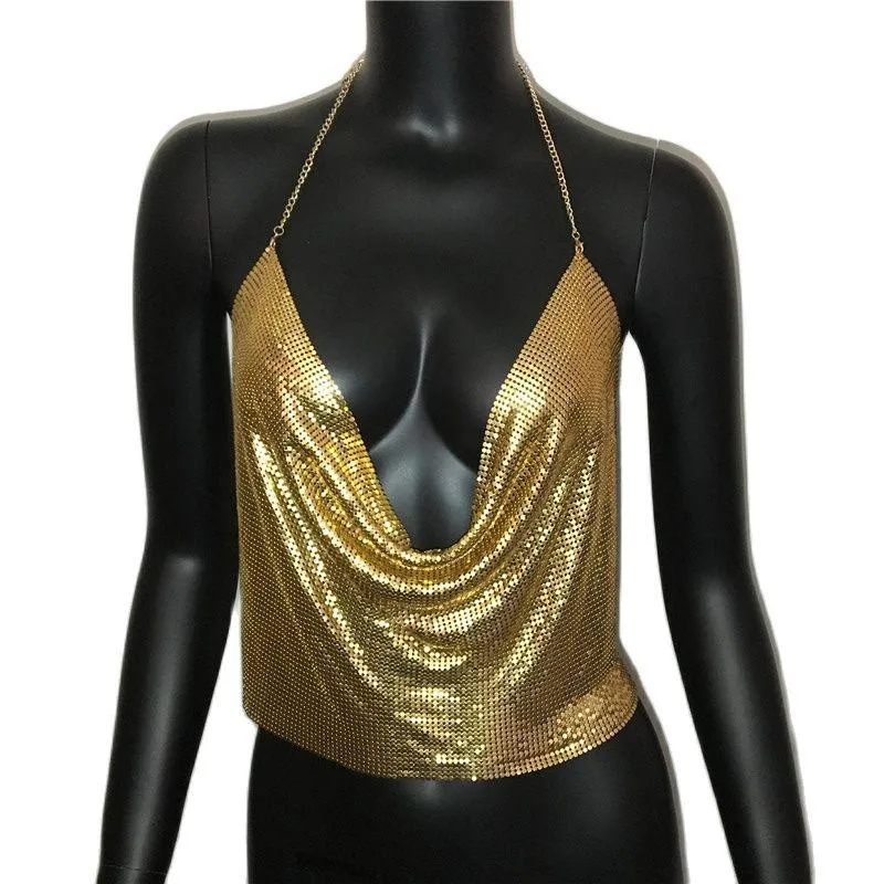 Metal Sequin Tank Top Sexy Deep V-Neck Halter Sparkle Glitter Crop Top