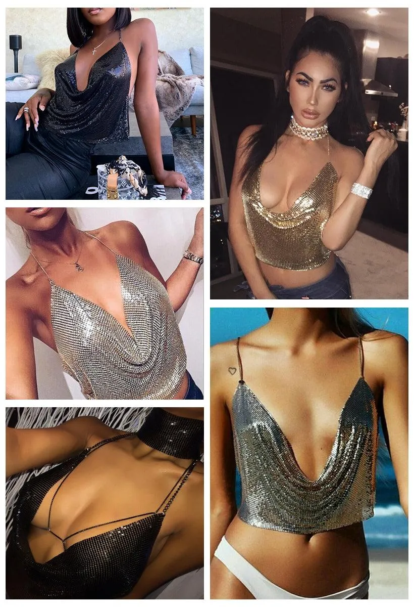 Metal Sequin Tank Top Sexy Deep V-Neck Halter Sparkle Glitter Crop Top