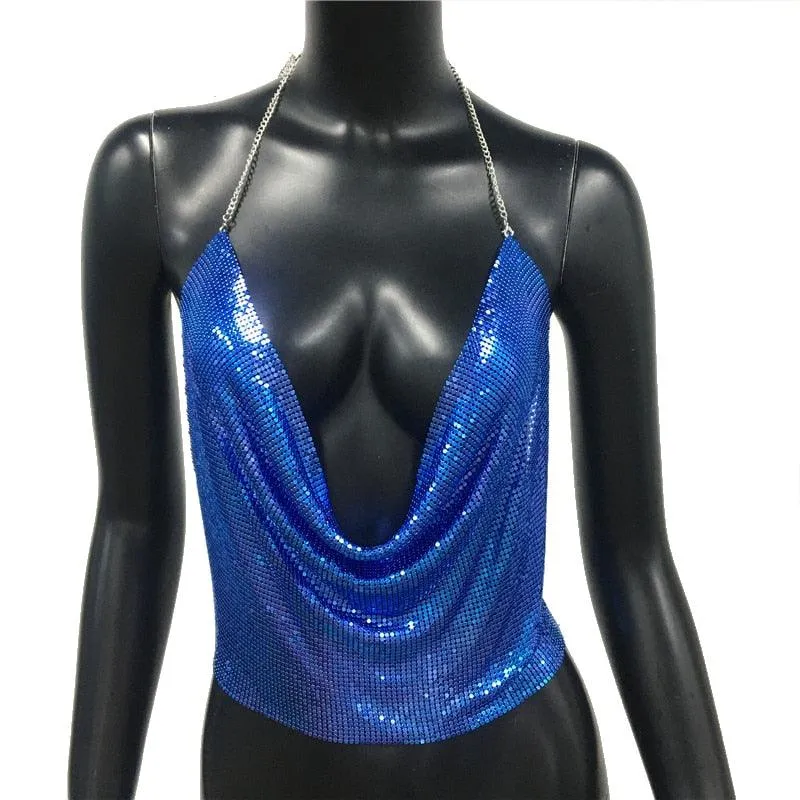 Metal Sequin Tank Top Sexy Deep V-Neck Halter Sparkle Glitter Crop Top