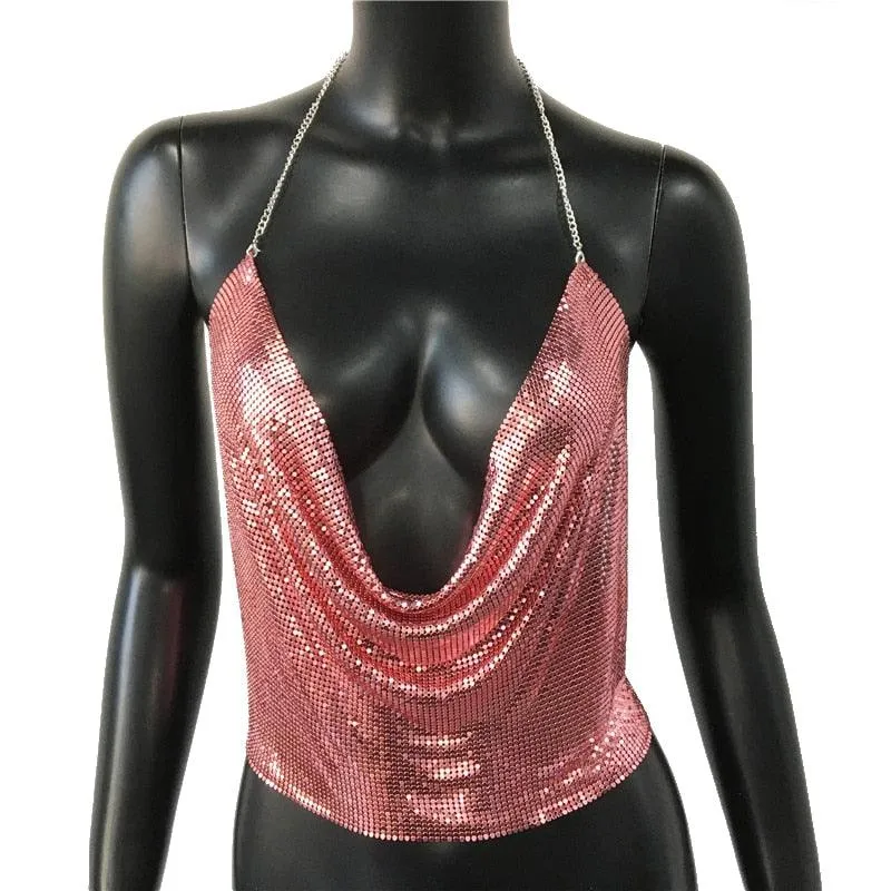 Metal Sequin Tank Top Sexy Deep V-Neck Halter Sparkle Glitter Crop Top