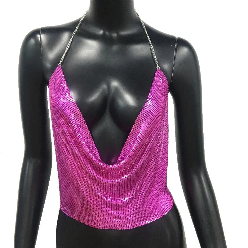 Metal Sequin Tank Top Sexy Deep V-Neck Halter Sparkle Glitter Crop Top