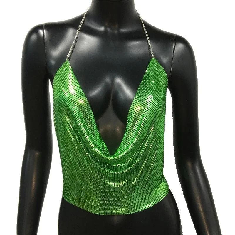 Metal Sequin Tank Top Sexy Deep V-Neck Halter Sparkle Glitter Crop Top