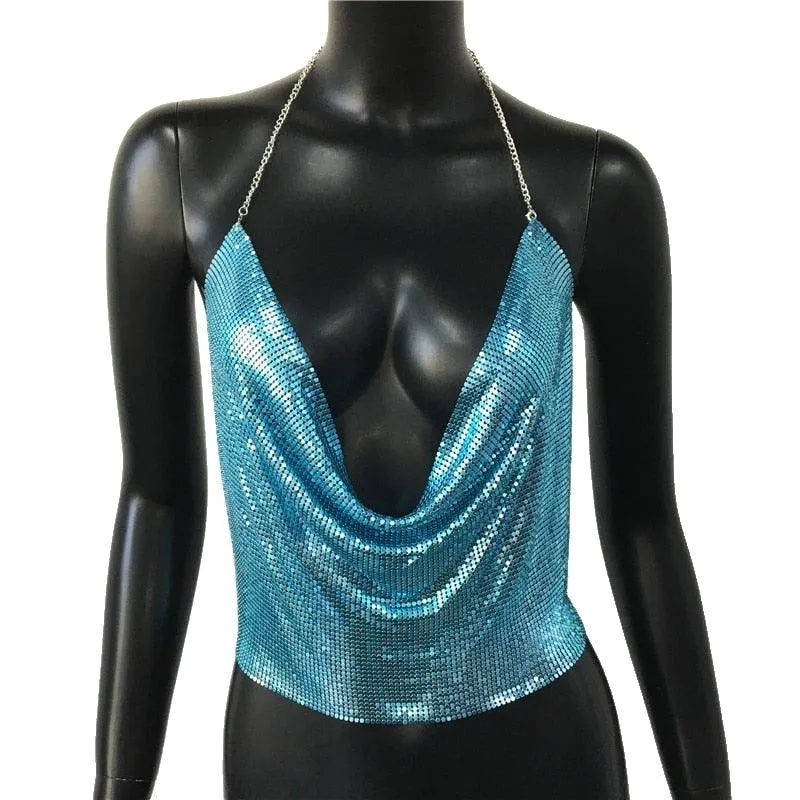 Metal Sequin Tank Top Sexy Deep V-Neck Halter Sparkle Glitter Crop Top