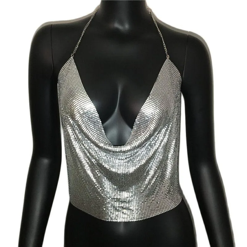 Metal Sequin Tank Top Sexy Deep V-Neck Halter Sparkle Glitter Crop Top