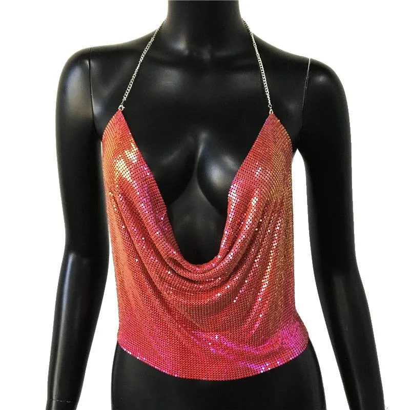 Metal Sequin Tank Top Sexy Deep V-Neck Halter Sparkle Glitter Crop Top