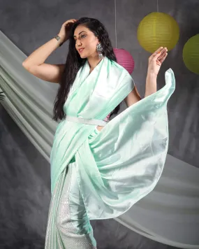 Mint Green Plain Half All Over Premium Rainbow Sequins Japan Satin Saree