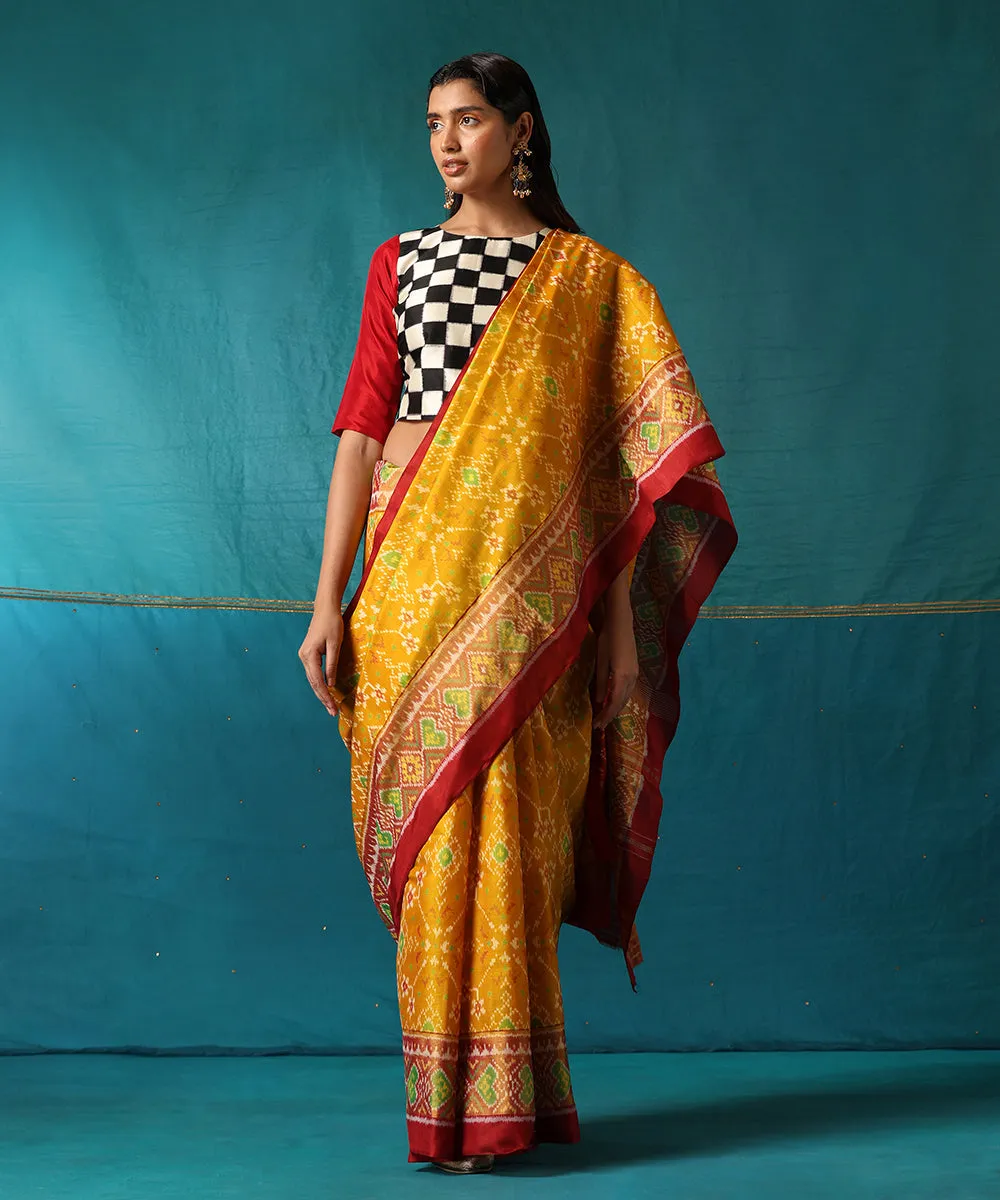 Mustard Handloom Pure Mulberry Silk Ikat Patola Saree With Maroon Border And Palla