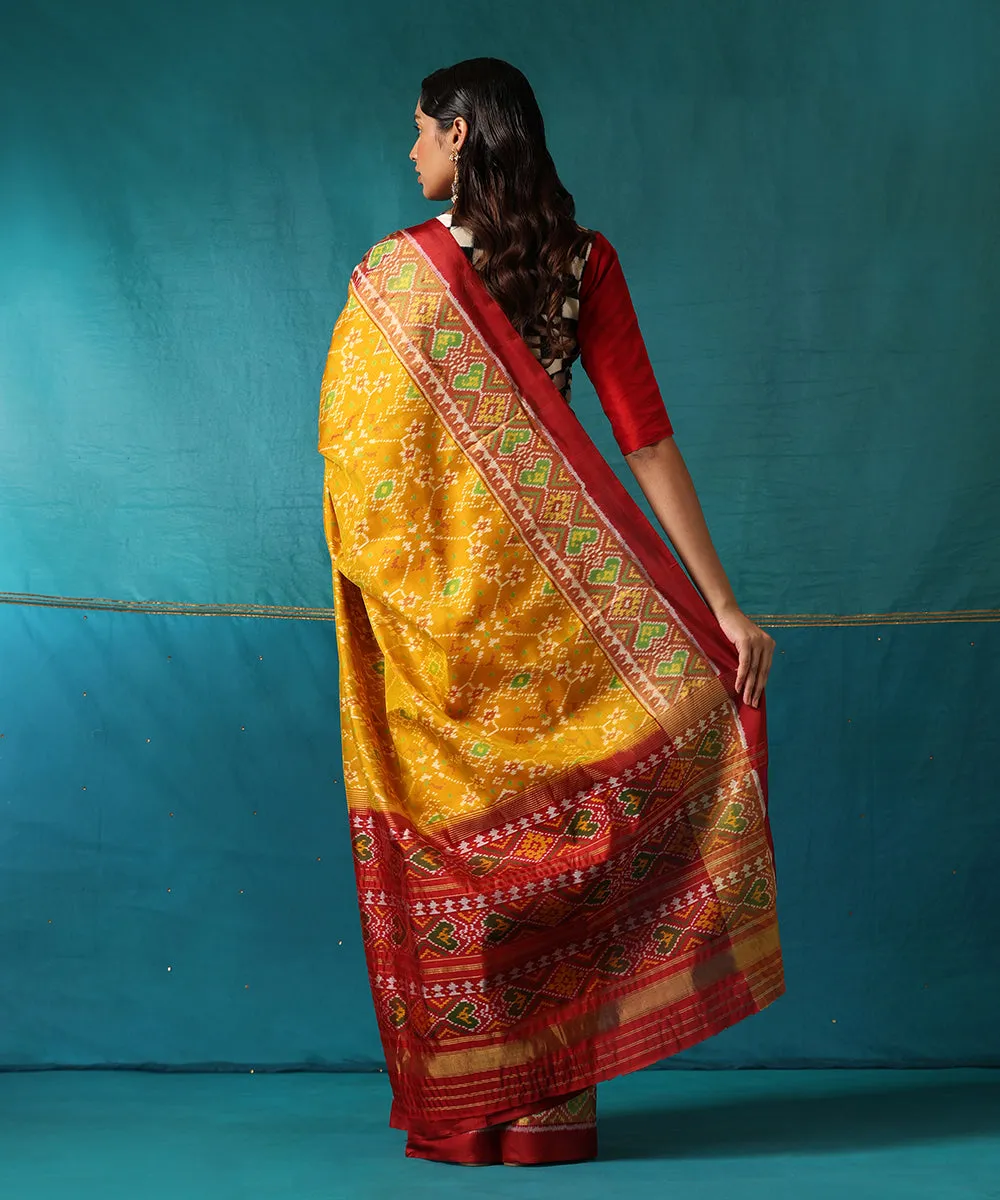 Mustard Handloom Pure Mulberry Silk Ikat Patola Saree With Maroon Border And Palla