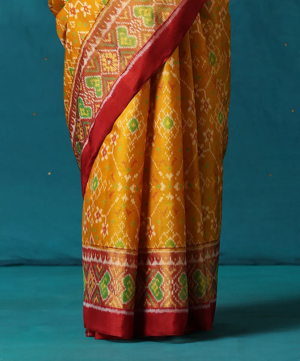 Mustard Handloom Pure Mulberry Silk Ikat Patola Saree With Maroon Border And Palla