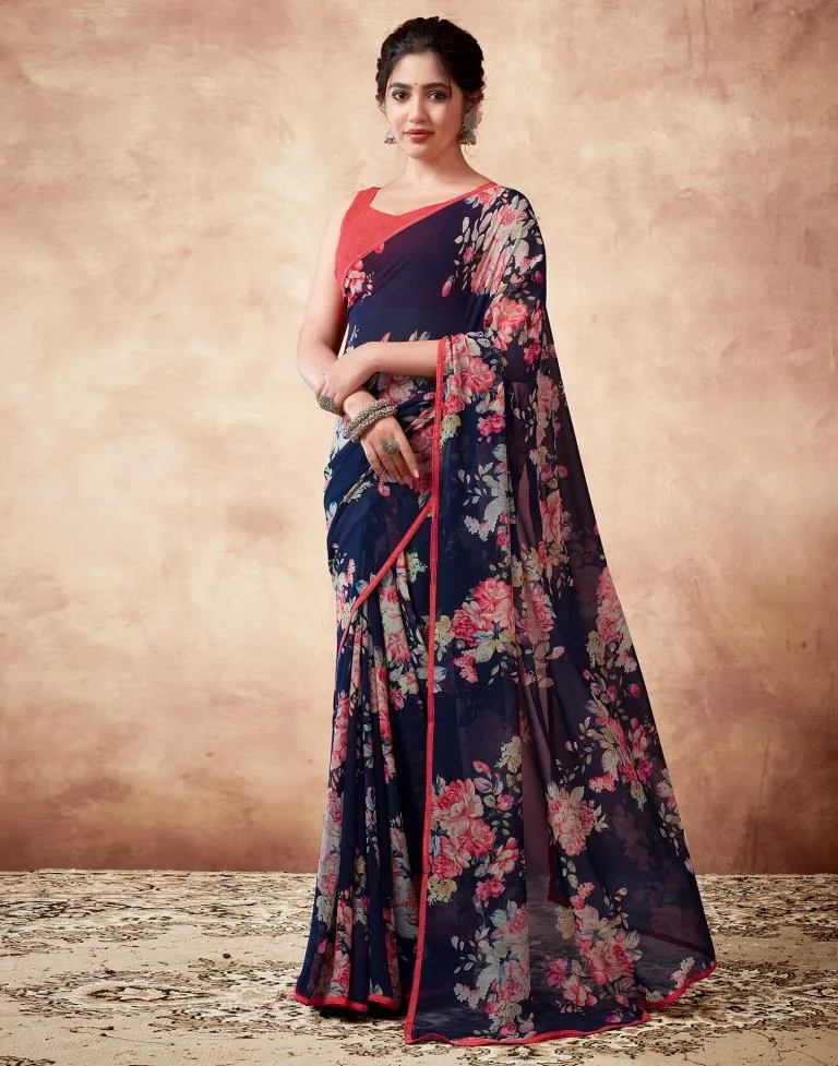 Navy Blue Georgette Printed Sarees