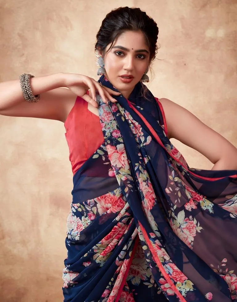 Navy Blue Georgette Printed Sarees