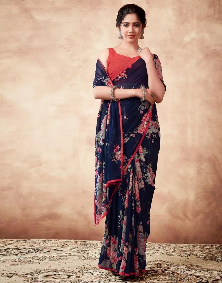 Navy Blue Georgette Printed Sarees