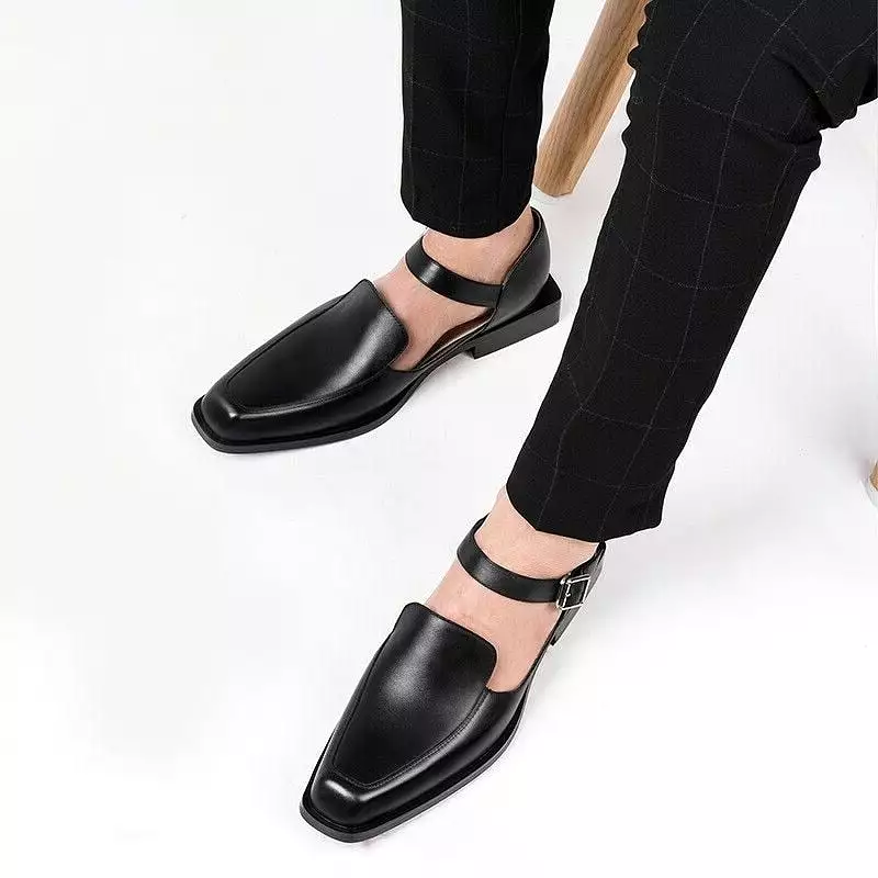 New Black Casual Business Men Shoes Buckle Strap  Round Toe Sandals