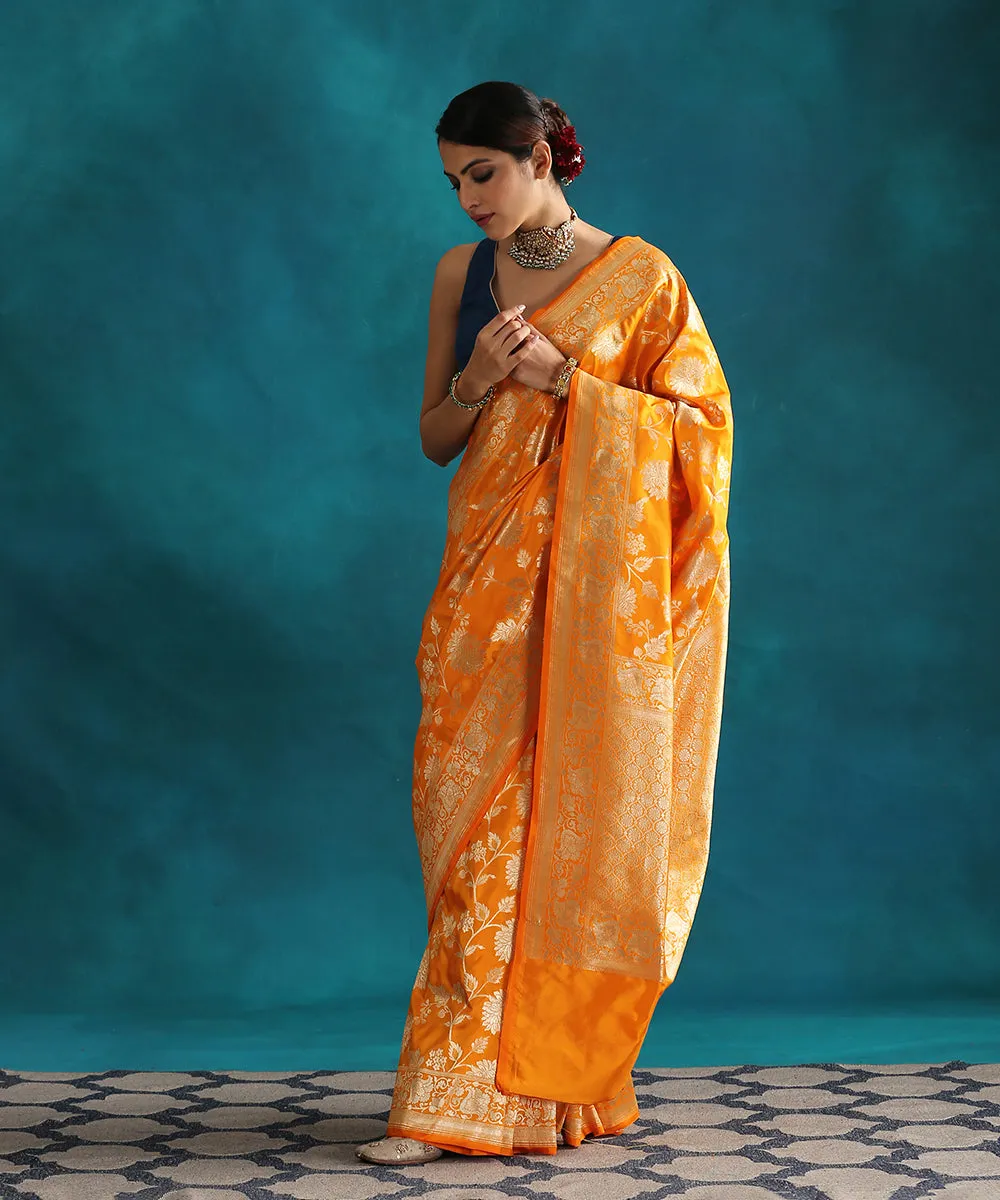 Orange Handloom Pure Katan Silk Banarasi Saree With Jaal