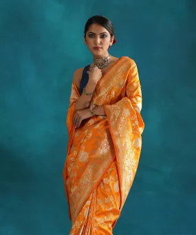 Orange Handloom Pure Katan Silk Banarasi Saree With Jaal