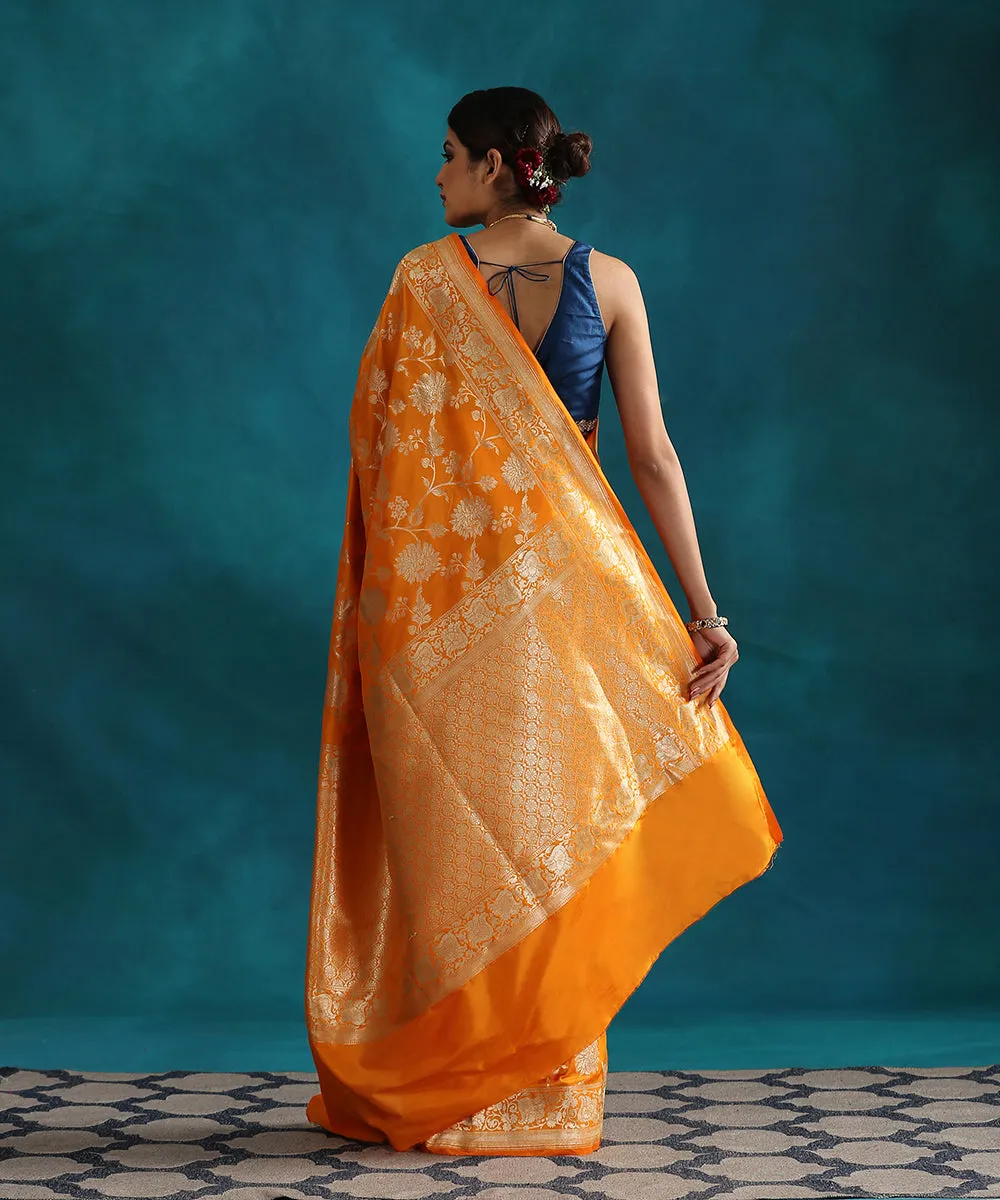 Orange Handloom Pure Katan Silk Banarasi Saree With Jaal