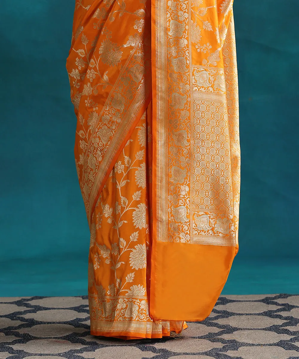 Orange Handloom Pure Katan Silk Banarasi Saree With Jaal