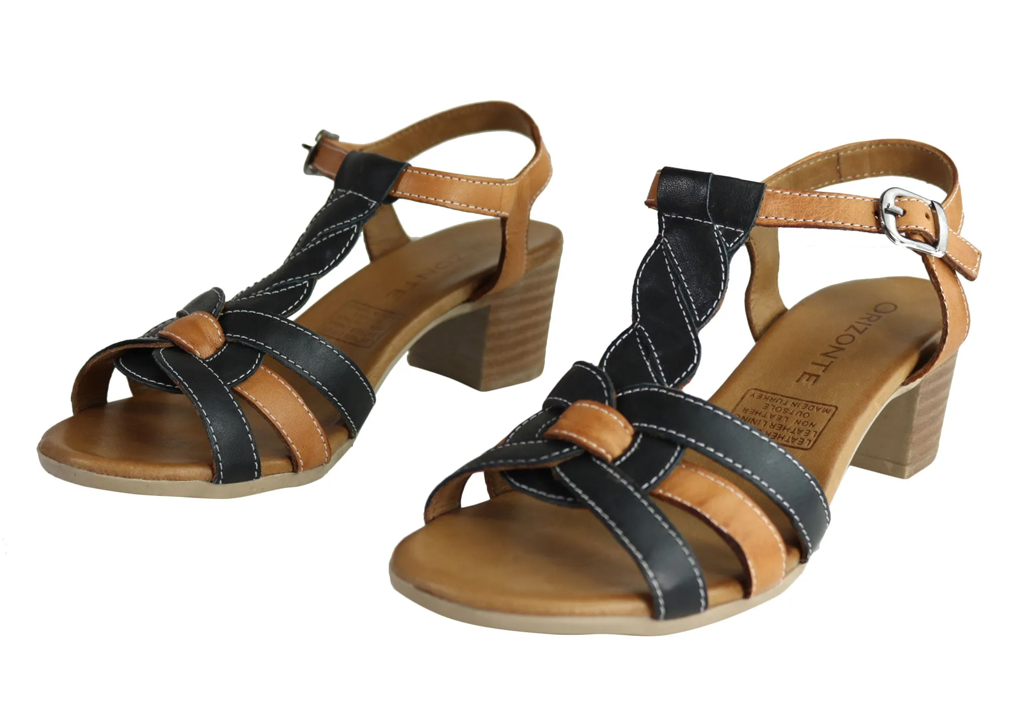 Orizonte Candi Womens European Leather Mid Heel Comfortable Sandals