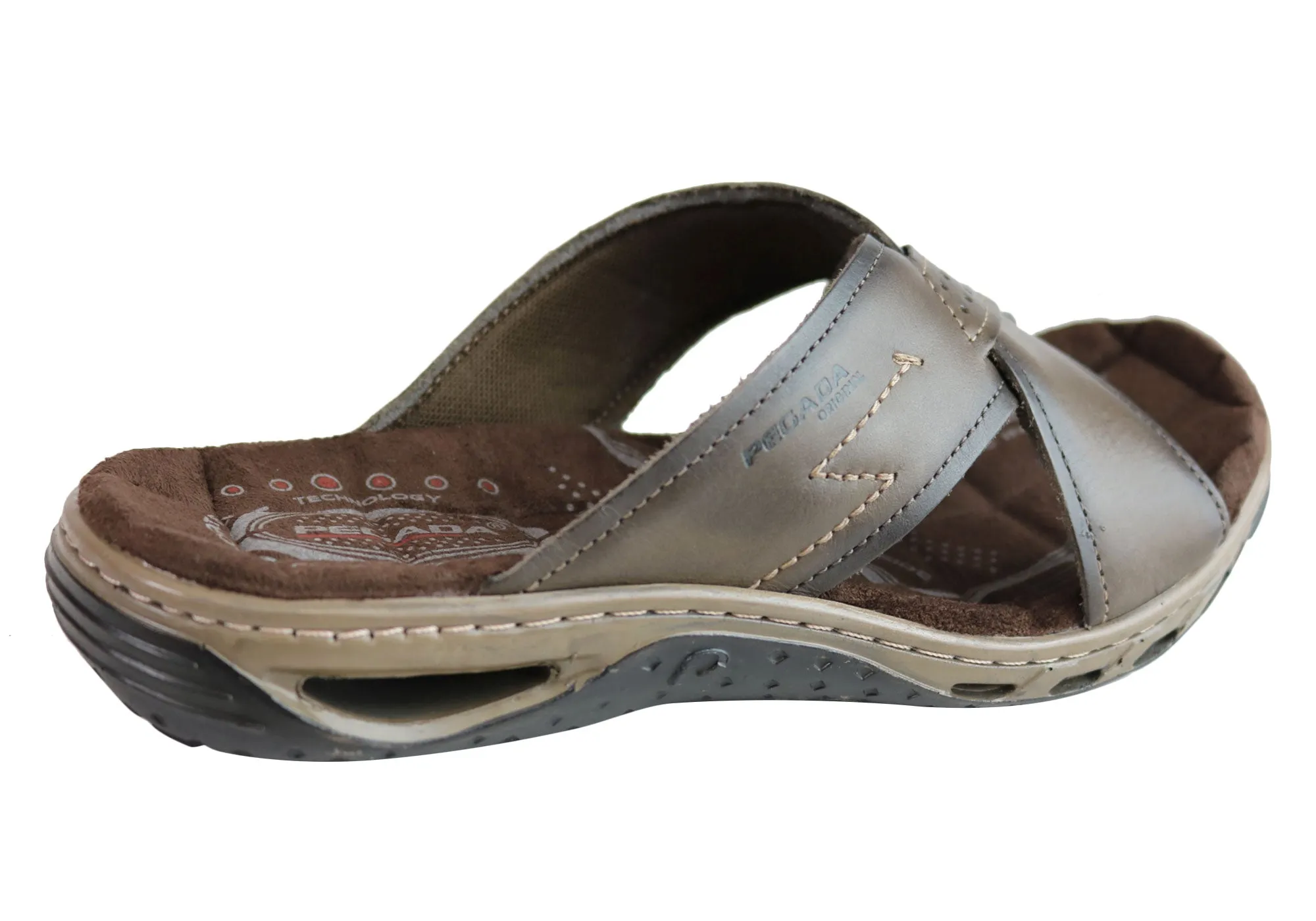 Pegada Jerry Mens Leather Comfy Cushioned Slide Sandals Made In Brazil