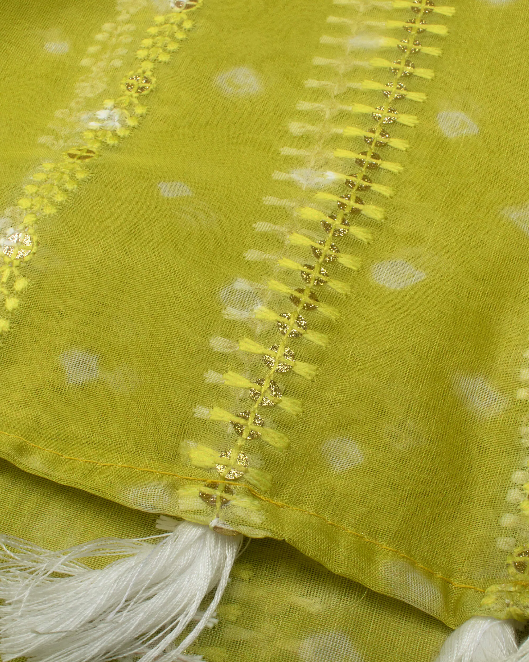 Pineapple Yellow And White Bandhani Pattern Stripes Zari Sequins Embroidery Digital Print Organza Saree With Tassles