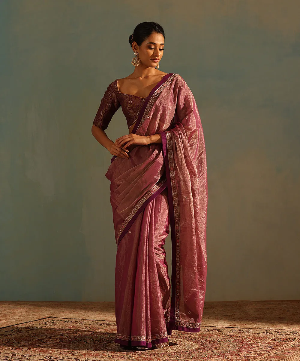 Purple Hand Embroidered Tissue Silk Saree With Zardozi And Raw Silk Border