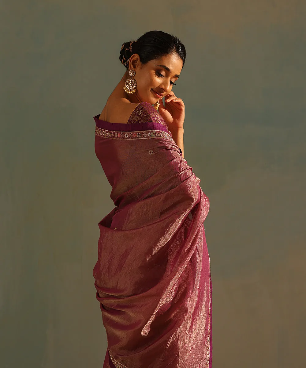 Purple Hand Embroidered Tissue Silk Saree With Zardozi And Raw Silk Border