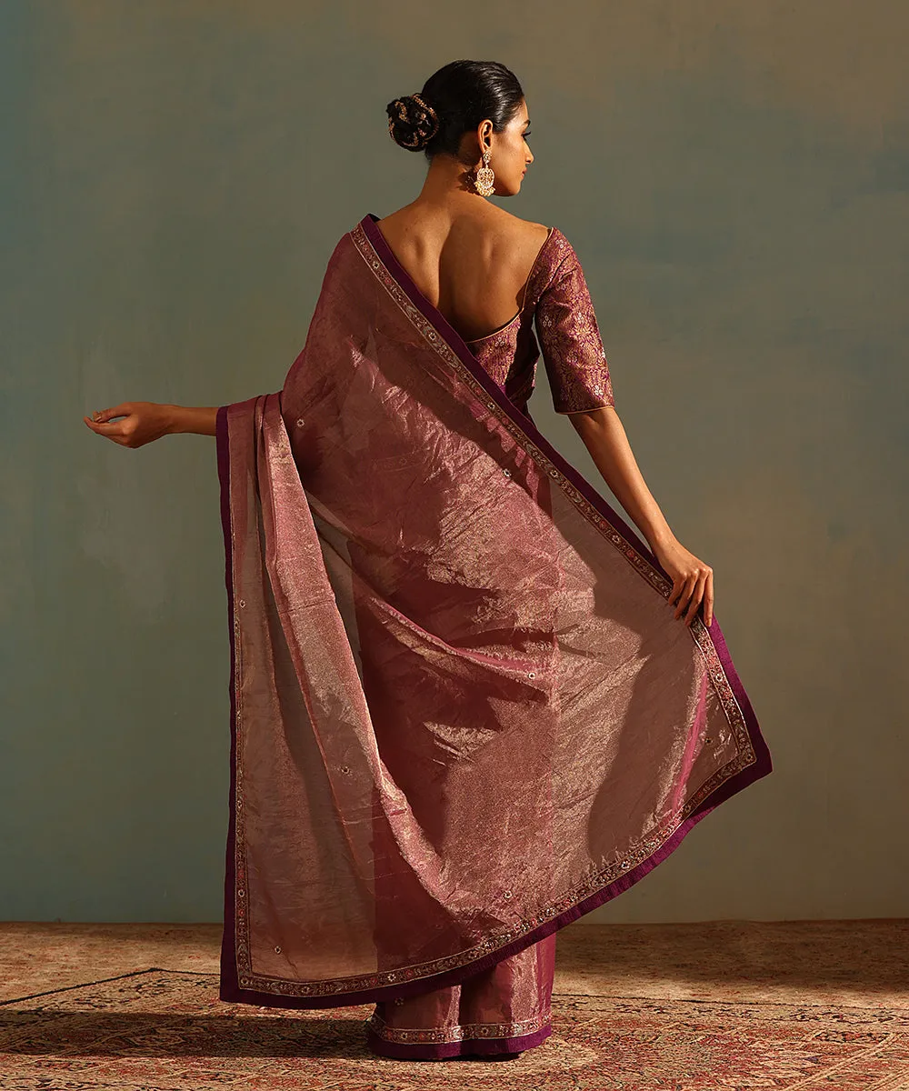 Purple Hand Embroidered Tissue Silk Saree With Zardozi And Raw Silk Border