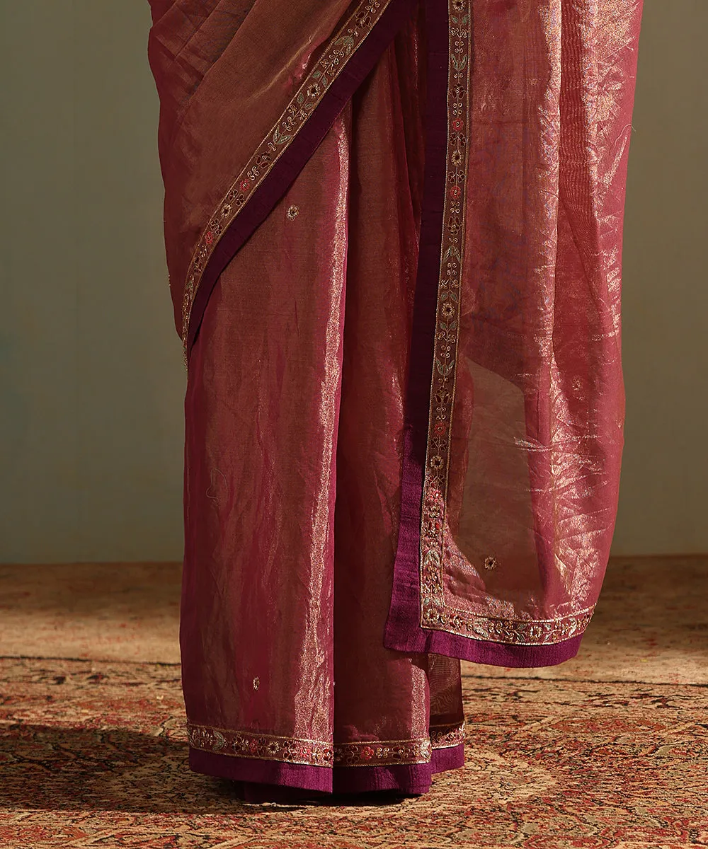 Purple Hand Embroidered Tissue Silk Saree With Zardozi And Raw Silk Border