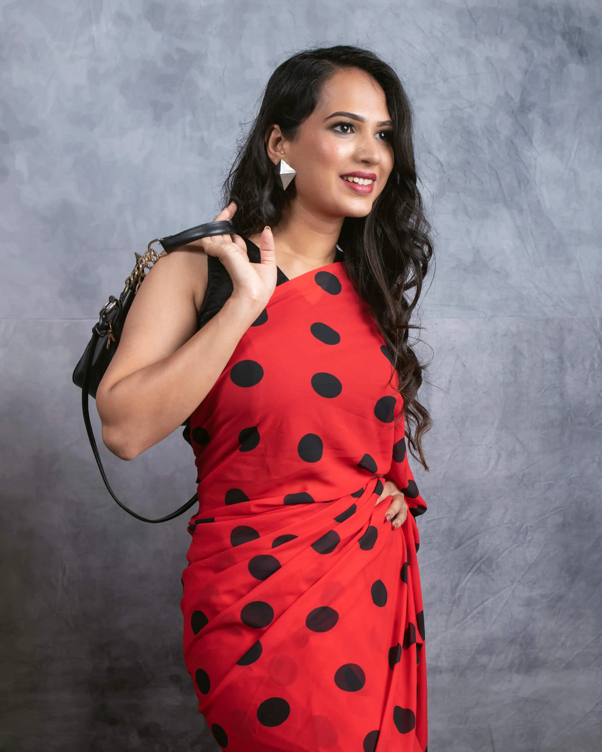 Red And Black Polka Dots Pattern Digital Print Georgette Pre-Draped Saree With Tassels