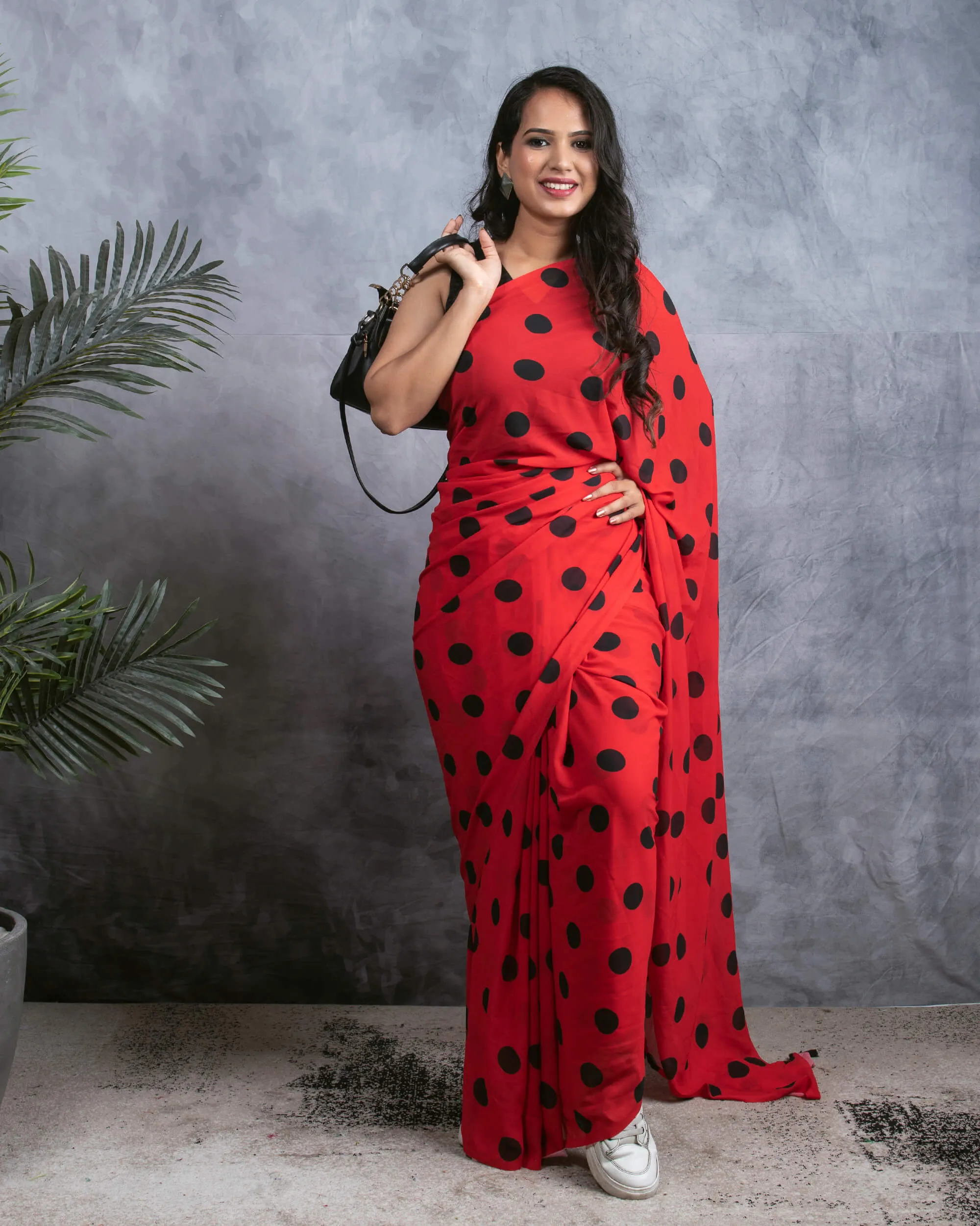 Red And Black Polka Dots Pattern Digital Print Georgette Pre-Draped Saree With Tassels