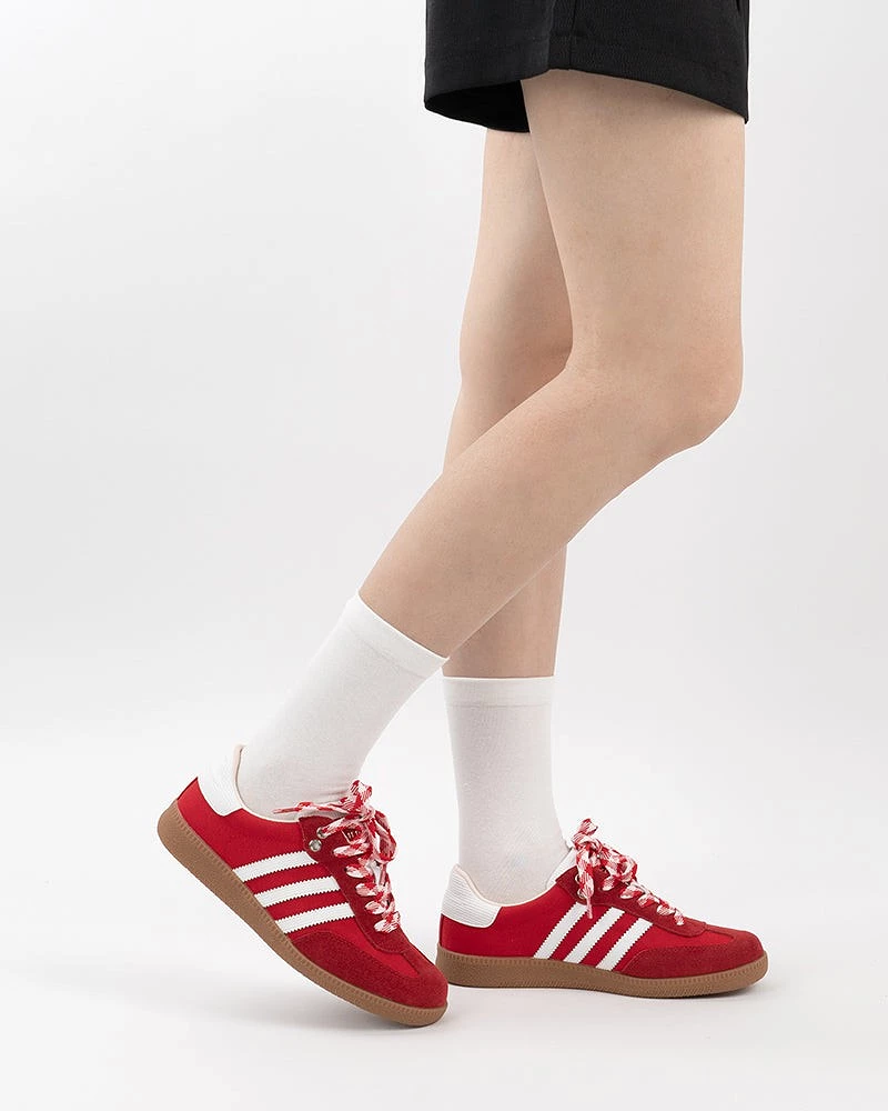 Red and White Suede Leather Flat Sneakers