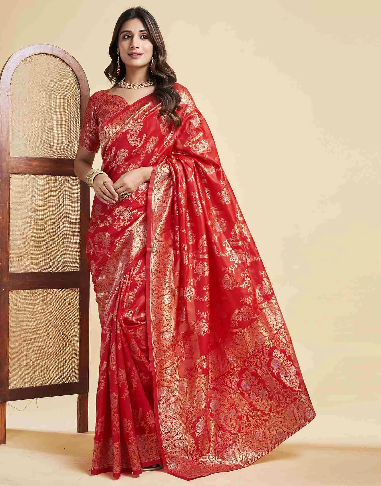 Red Floral Banarasi Silk Saree