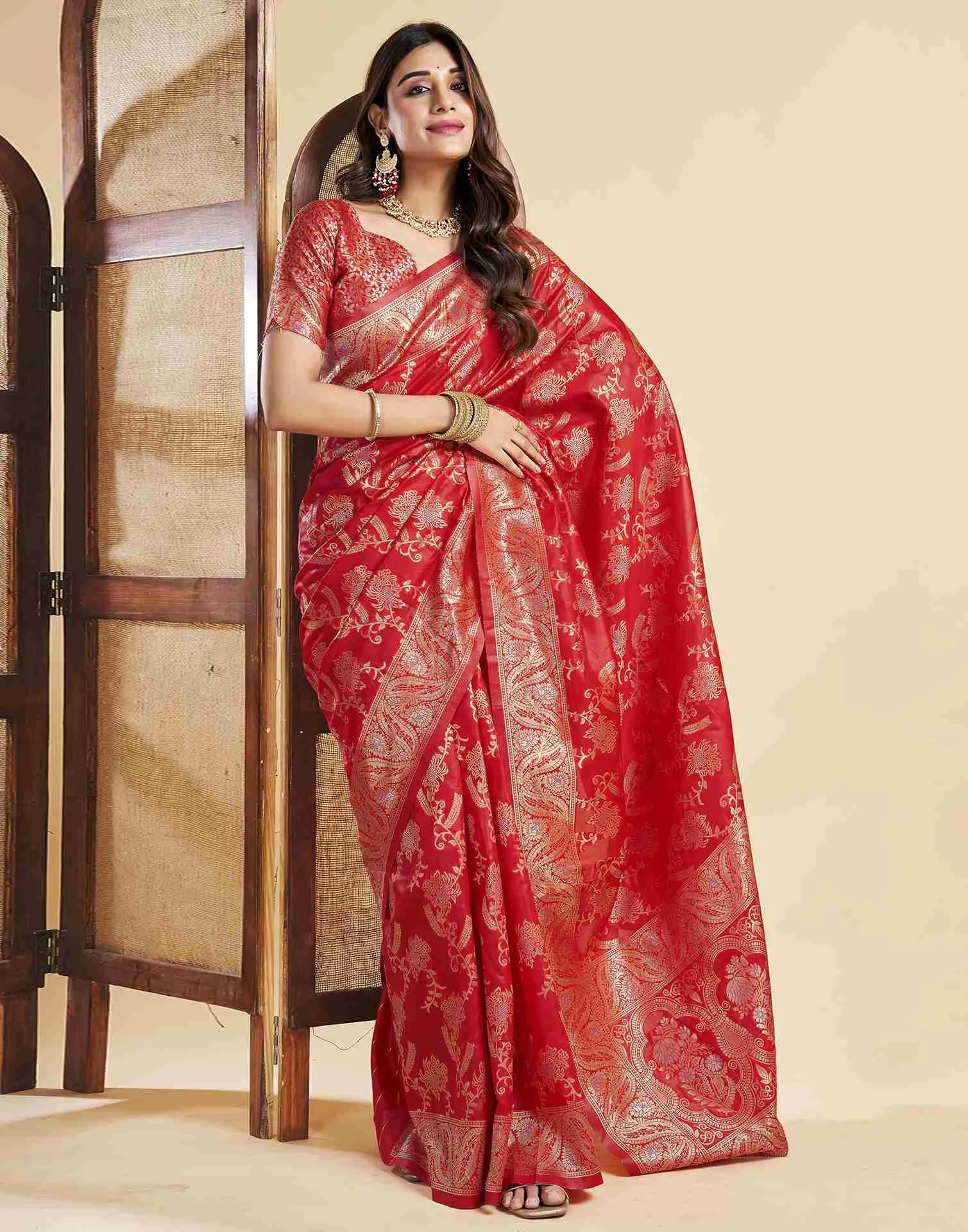 Red Floral Banarasi Silk Saree