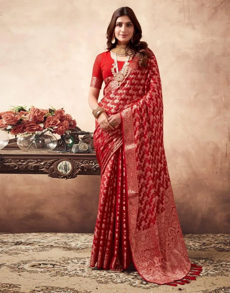 Red Georgette Plain Sarees